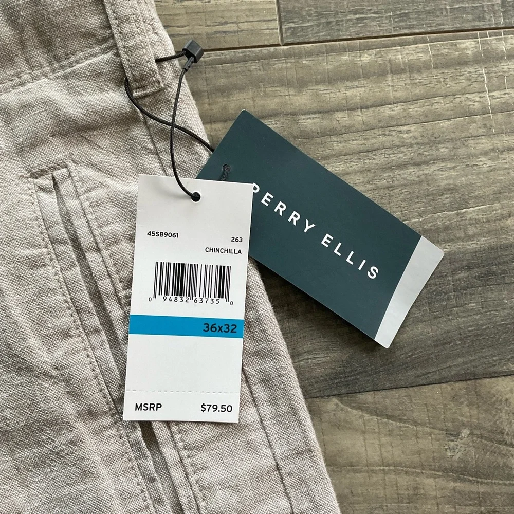 36x32 NWT Perry Ellis Linen Blend Pants Mens Khaki Light Tan Button Fly Drawcord